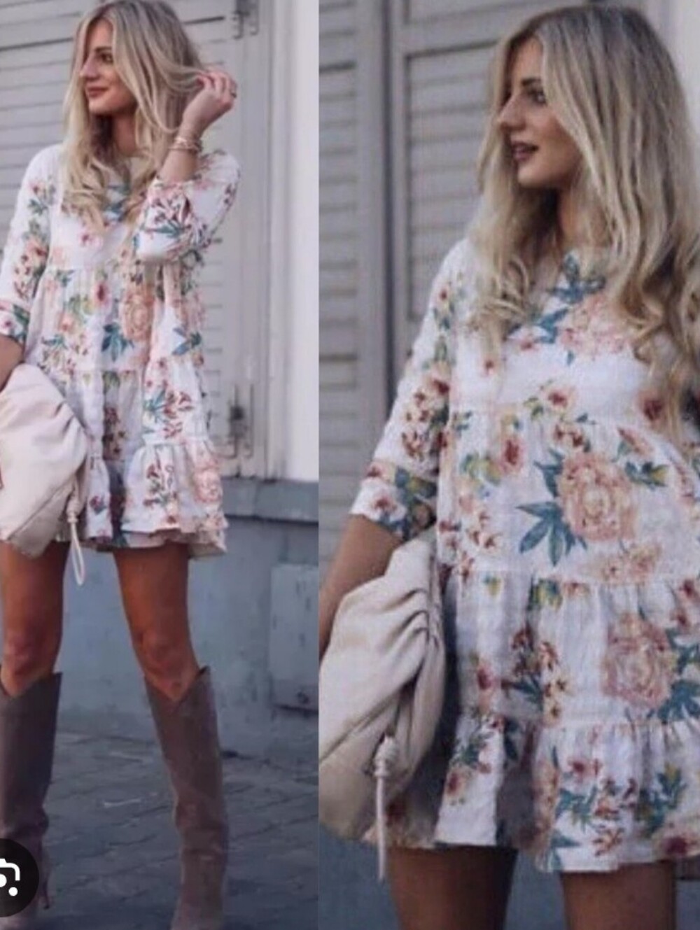 71.Zara Cream Floral Ruffle Dress‎ with Pink & Blue Accents